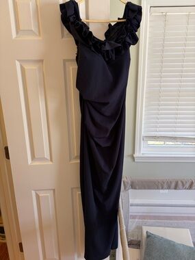 Xscape Navy Ruffle-Shoulder Maxi Dress